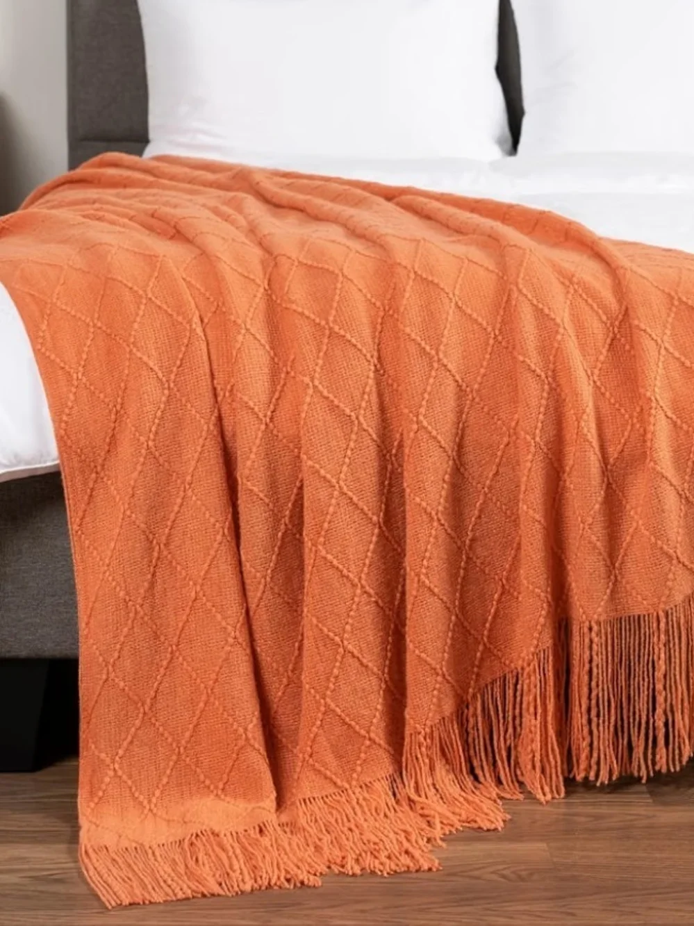 Diamond Knitted washable Fringe Throw Blanket - Coral 50x60